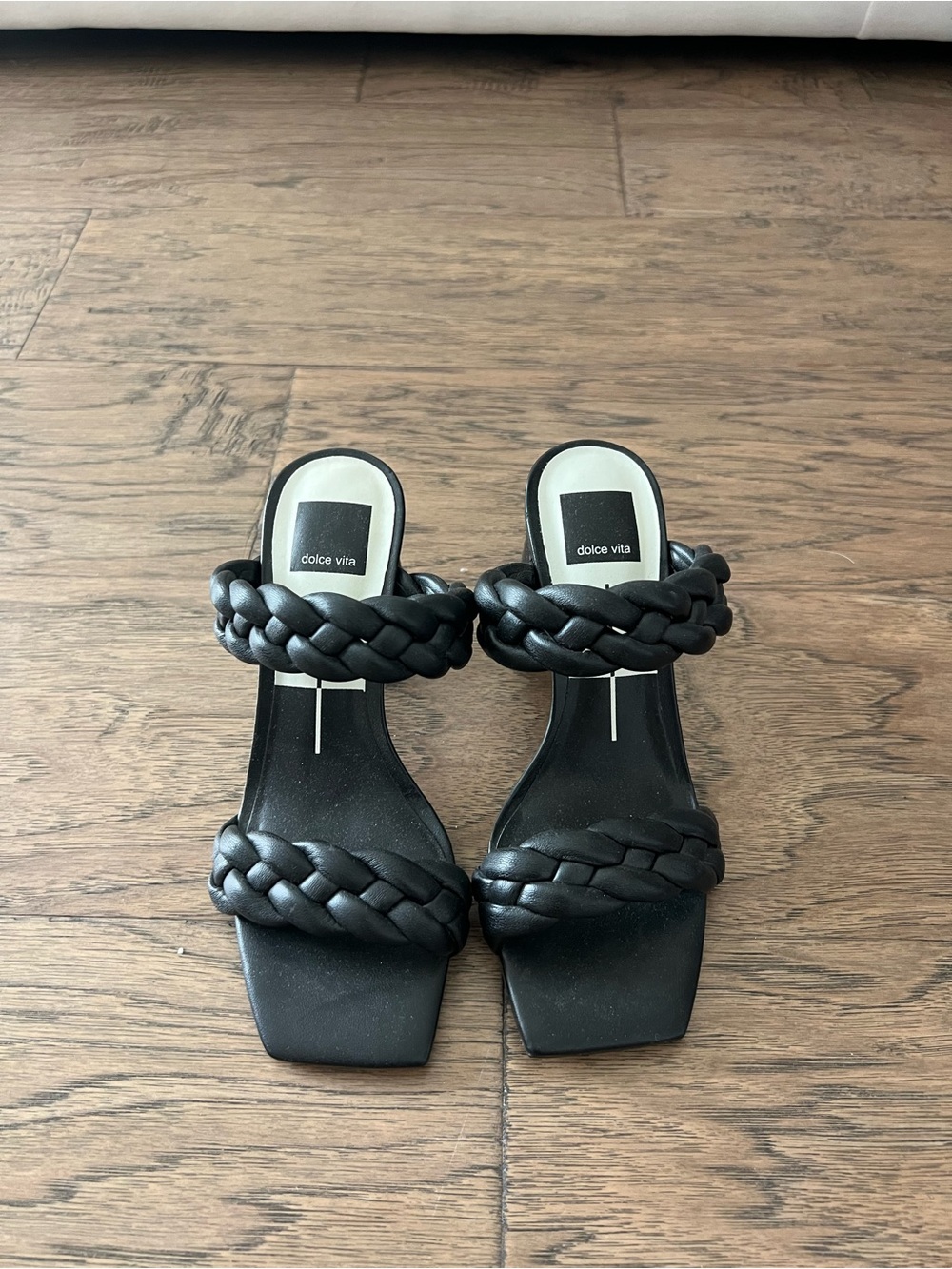 Dolce Vita Black Braided Double-Strap Square-Toe Wedge Slides